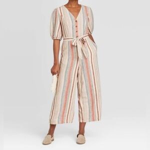 Universal Thread|Linen blend Striped Button-Down jumpsuit,puff sleeves•Lagenlook